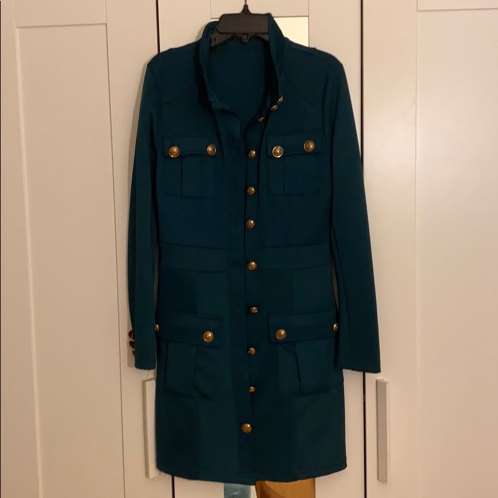 gold button-embellished green dress